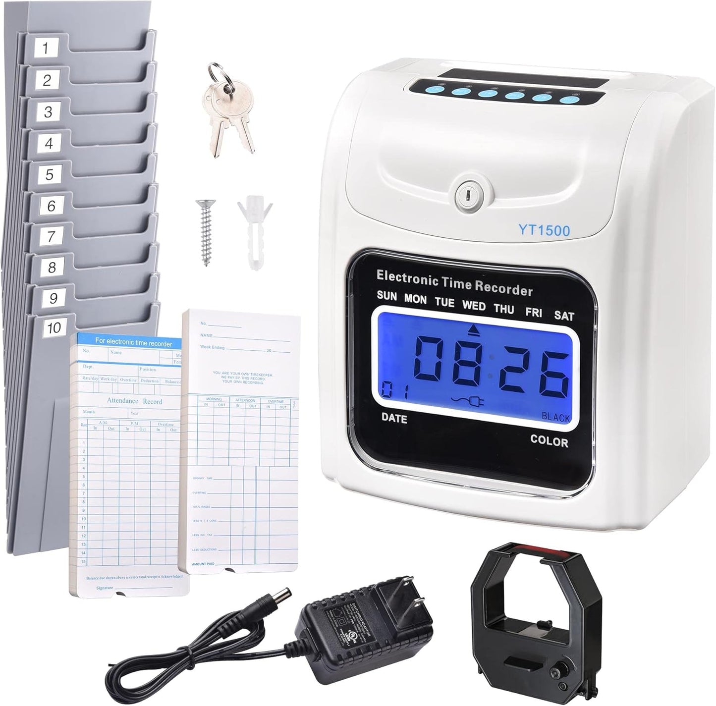 Yescom Attendance Punch Time Clock Bundle Employee Payroll Recorder LCD Display with 100 Cards, 1 Time Card Holder, 2 Keys & Ink Ribbon