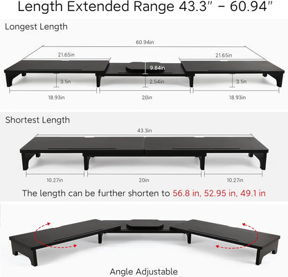 Nnewvante Monitor Stand Riser, 60 inch Large Bamboo Dual Monitor Stand for Desk, 3 Shelves Desktop Screen Riser with Adjustable Length Angle for Computer Laptop PC,Black