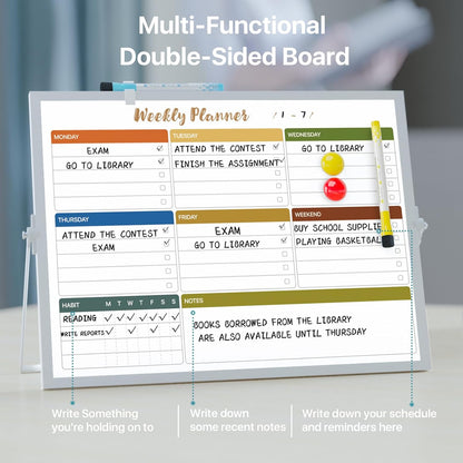 Dry Erase White Board with Stand,Double-Sided Weekly Whiteboard 12"x16", 10 Markers, 6 Magnets, 1 Eraser, Portable Desktop Whiteboard for Planning,Weekly Schedule Board for School for Home