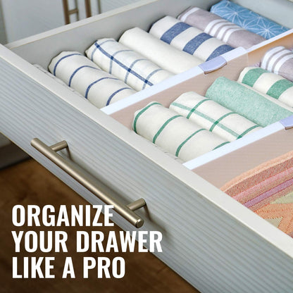 RAPTUROUS Adjustable Drawer Dividers 6 Pack, 4” High, 11-17” Long, Dresser Drawer Organizer for Bedroom, Closet, Kitchen, Nursery, Office, Strong Hold, Soft Foam Edges, White