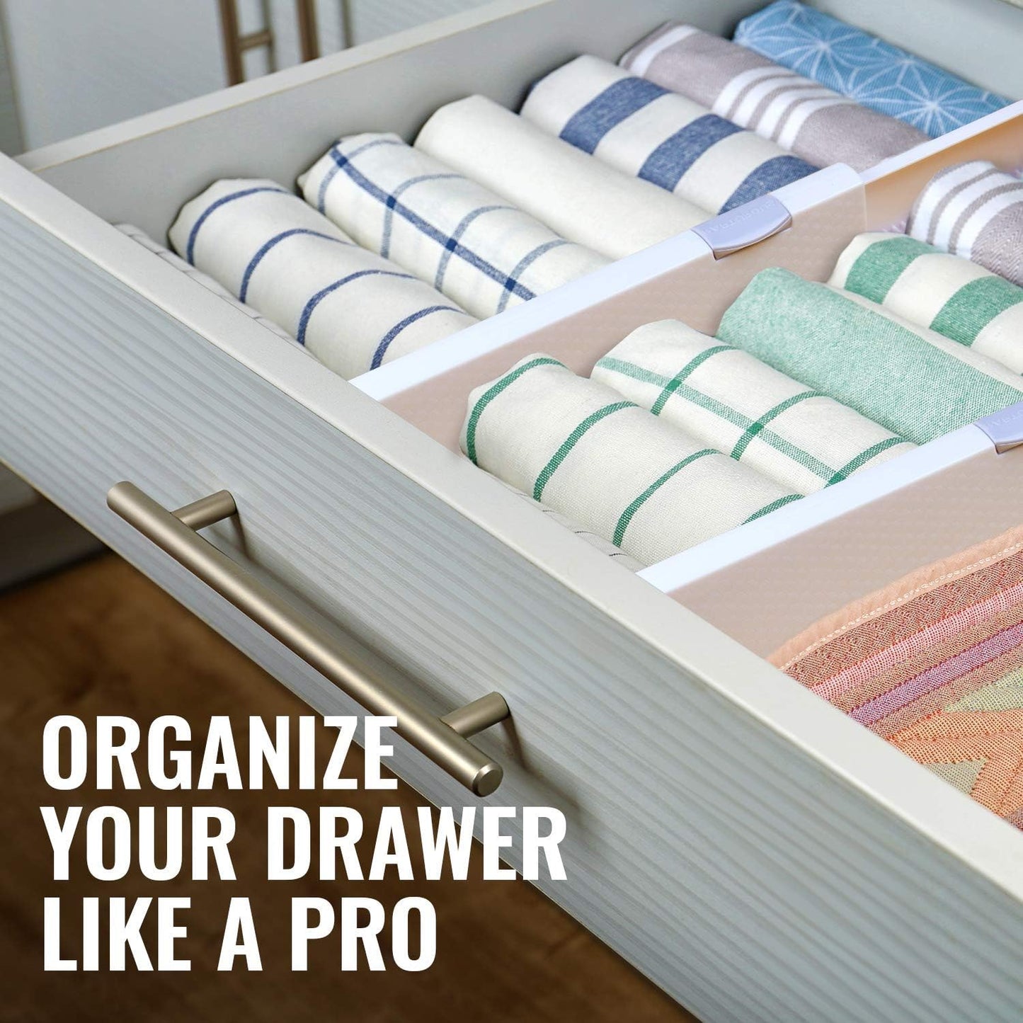 RAPTUROUS Adjustable Drawer Dividers, 4" Tall, Expandable 11-17", 5-Pack, Non-Slip for Dresser, Closet, Kitchen, Nursery, and Office (White)