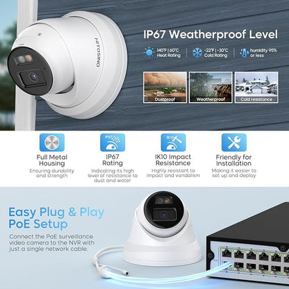 4K IP PoE Camera, Upscaled 8MP PoE Camera Outdoor with Mic/Audio, 98ft IR/Color Night Vision, Human & Vehicle Detection, 127° FOV, MicroSD (256GB)