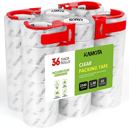 KAMOTA Packing Tape, 36 Rolls Heavy Duty Clear Packaging Tape for Shipping Packaging Moving Sealing, 1.88 inches Wide, 65 Yards Per Roll, Total 2340 Yards with 4 Dispensers