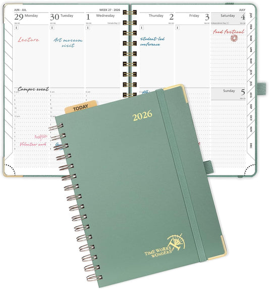 POPRUN 2026 Planner (Medium Size 8.5'' x 6.25'' Wire-Bound Hard Cover) Daily Weekly and Monthly Calendar - Agenda 2026 (Jan.2026-Dec.2026) with Hourly Schedule, Monthly Tabs - Midnight Green