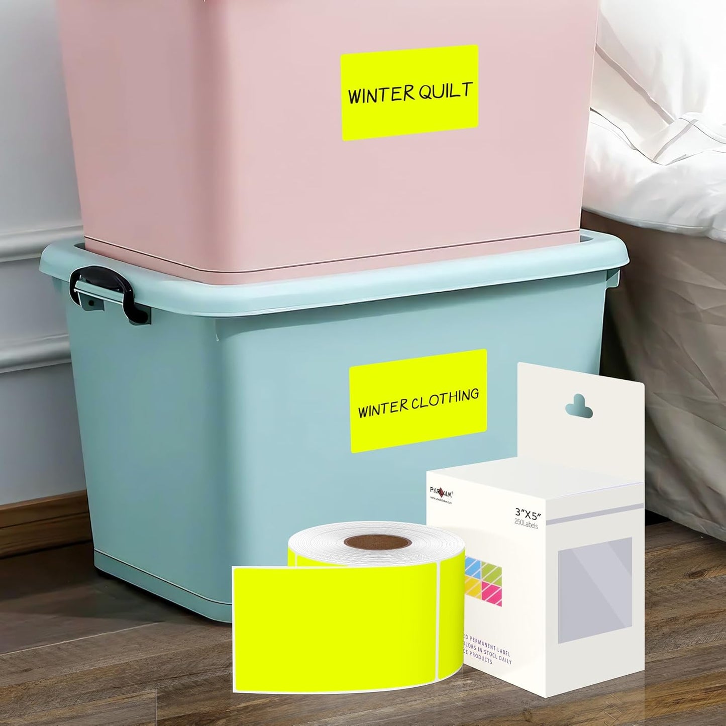 PARLAIM 3 X 5 Inch 1000Per/4Rolls Rectangle Inventory Color Coding Labels,Roll Square Label Stickers for Home (Fluorescent Yellow)