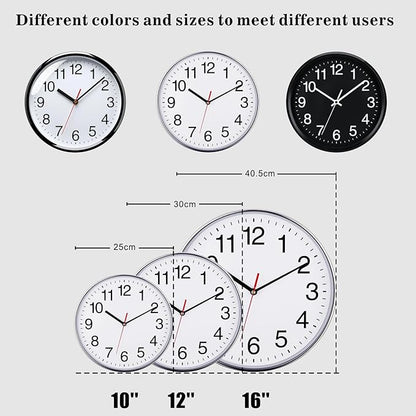 Plumeet Extra Large Wall Clock - 16" Non Ticking Silent Quartz Black Wall Clocks - Simple Design Wall Clocks for Living Room Decor, Battery Operated, Chrome