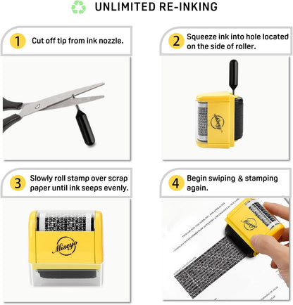 Miseyo Wide Identity Theft Protection Roller Stamp Set - Yellow (3 Refill Ink Included)