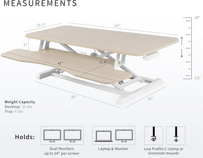 VIVO 42 inch Desk Converter, K Series, Height Adjustable Sit to Stand Riser, Dual Monitor and Laptop Workstation with Wide Keyboard Tray, Light Wood Top, White Frame, DESK-V042KF