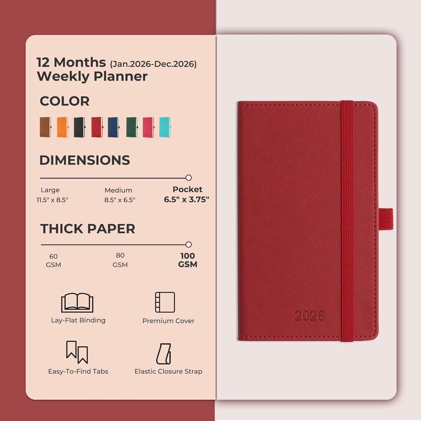 Weekly Monthly 2026 Planner (Jan.26-Dec.26),6.5"x3.75",12 Months Agenda Plan with Month Tabs & Pocket,Expenses/Note Pages, Appointment Book Calendar with Hardcover Vegan Leather Cover,Red