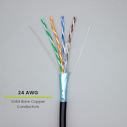 trueCABLE Cat5e Outdoor, Shielded F/UTP, 500ft, UV Resistant, CMX Rated, Black, 24AWG Solid Bare Copper, 350MHz, PoE++ (4PPoE), ETL Listed, Bulk Ethernet Cable