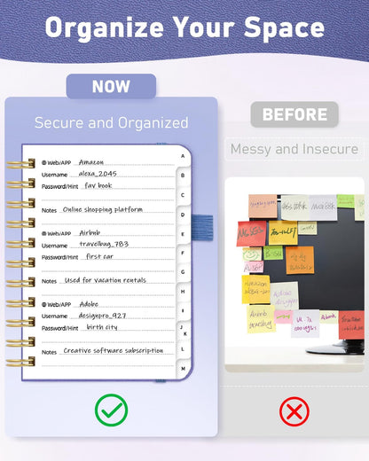 WEMATE Password Book with Alphabetical Tabs, Spiral Password Keeper Book for Seniors, Internet Password Notebook Password Journal Logbook Log in Detail, Small – 4.7''x 6'' (Purple)