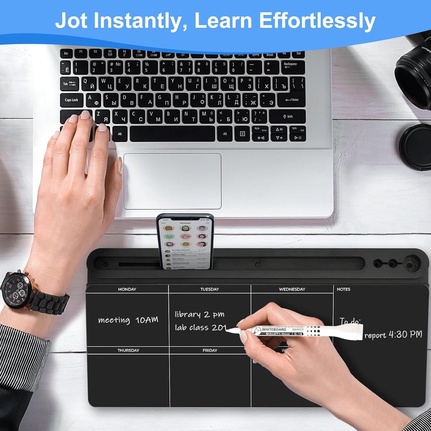 Desktop Glass Whiteboard with Storage, Weekly Calendar Desk Dry Erase White Board, Desk Organizers and Accessories, Weekly Planner Board for List, Planning, Memo, Note, Office, Home, College, School