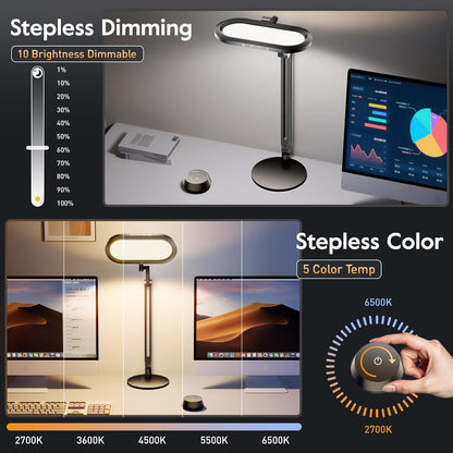 Eye-Caring Desk Lamp for Home Office – LED Soft Light with Knob Remote, Stepless Dimming & Color, Memory, Metal Table Lamp for Zoom, Studying, Video Conference, Flicker-Free, Glare-Free