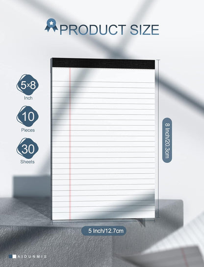 10 Pack Legal Pads Writing Pad 5x8 Inch Lined Writing Note Pads Grocery List Notepad Narrow Ruled Writing Pads 5x8 White Small Legal Pad 30 Sheets To Do Notepad 80GSM Paper for School, College, Office