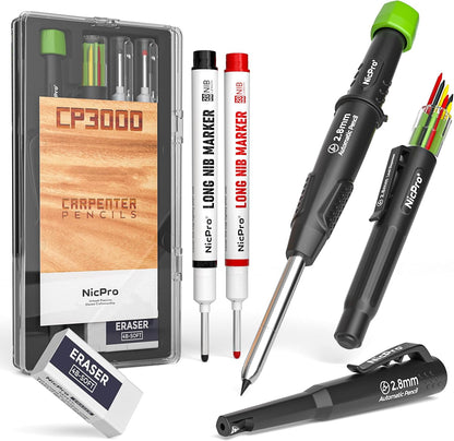Nicpro Carpenter Pencil with Sharpener & Belt Clip, CP3000 Mechanical Pencils with 6 Refills in a Lead Dispenser, Deep Hole Long Nib Marker Pens for Construction, Woodworking Marking Carpenter Tools