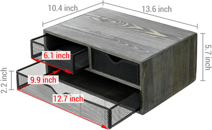 MyGift Vintage Weathered Gray Solid Wood Desktop Organizer Box with 3 Removable Black Metal Mesh Trays, Office Desk Supplies Storage Drawers for Accessories