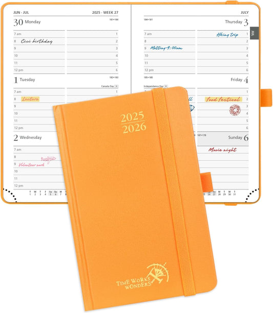 POPRUN Pocket Planner 2025-2026, (Purse Size 4''x 6.25'' Hard Cover) Academic Year Calendar Daily Weekly and Monthly (July 25-June 26) with Hourly Time Slots, 100 GSM Paper - Orange
