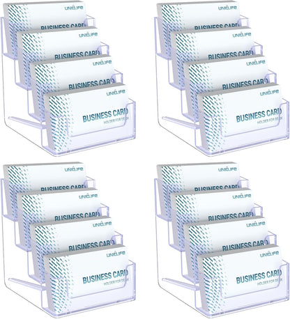 Uniclife 4 Pack Acrylic Business Card Holder for Desk 4 Slots Clear Business Card Display Stand for Men & Women Desktop Business Card Organizer Card Stand for Office Home Exhibition, 240 Card Capacity