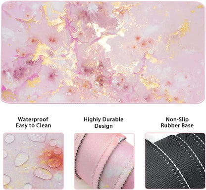 Keyboard Mouse Pad Set, Extended Mouse Pad+Keyboard Wrist Rest Support, Memory Foam Ergonomic Easy Typing, 3Pcs (35.4×15.7 in) Desk Pad Set for Home Office Study Game- Pink Gold Marble