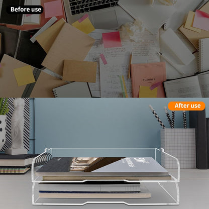 2 Pack- Stackable Paper Letter Tray,Clear Acrylic Magazine Holder and File Organizer - Sleek Desk Organizer for Home Office, Bookshelf, or Workspace - Space-Saving Transparent Document Holder