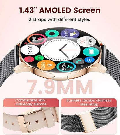 Smart Watches for Women with Make/Answer Calls, 7,99 mm Ultra-Thin Elegant Fitness Tracker with 1,43'' HD AMOLED Display, IP68 Waterproof, 110+ Sports Modes, Women's Health for iOS Android, Black Gold