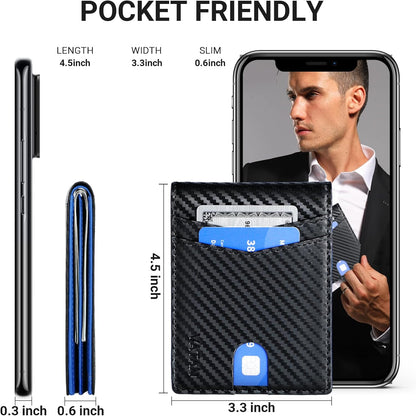 VATAN Wallet for Men, Mens Minimalist Wallet Credit Card Holder, Slim Leather Rfid 2 ID Window Large Capacity With Gift Box (Carbon Black and Blue)
