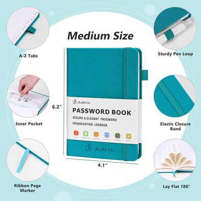 JUBTIC Password Book with Alphabetical Tabs. Medium Size Password Keeper Logbook for Internet Log in, Website Address. Hardcover Password Journal Notebook & Organizer for Home Office, Turquoise