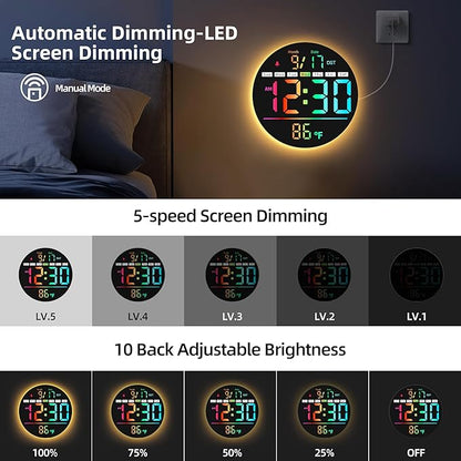Digital Wall Clock, 8'' Round Digital Clock with Large Display, 11RGB Colors,Remote Control, Auto-Brightness,Temperature,DST,Night Light, Alarm, Count Down Timer for Classroom/Bedroom/Office
