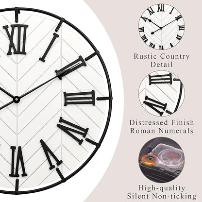 24 Inch Large Wooden Wall Clock – Extra Large Farmhouse Wall Clock with 3D Roman Numerals, Modern White Round Wood & Metal Clock for Living Room, Silent & Accurate Timekeeping