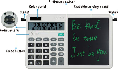Desk Calculator Large Display with 7'' Erasable Writing Pad, 12 Digits Large Screen Display Jumbo Calculadora, Solar & Battery Powered Big Button Calculators for Business Office School, White