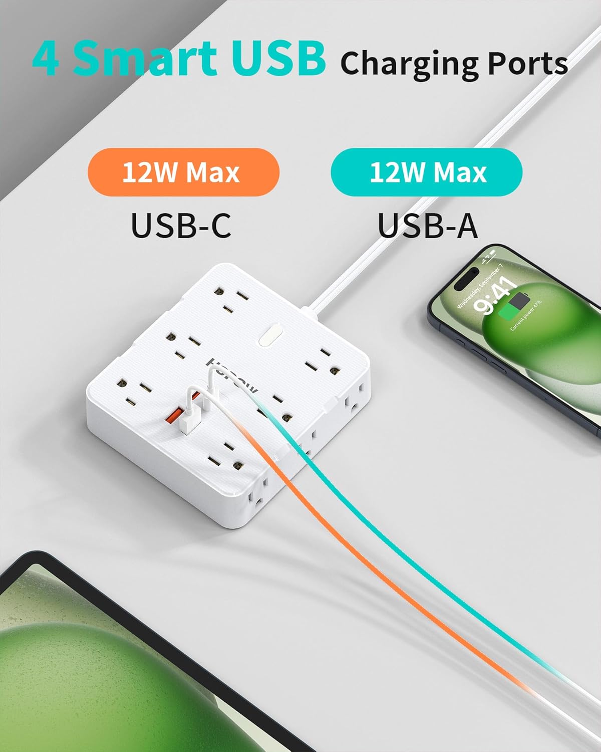 2 Prong Power Strip, 2 Prong to 3 Prong Outlet Adapter with 12 AC & 4 USB(2 USB-C), 1700J Two Prong Surge Protector, 5FT Extension Cord, Wall Mountable, Ideal for Old House Non-Grounded Outlets