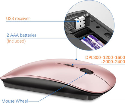 Wireless Keyboard and Mouse Ultra Slim Combo, TopMate 2.4G Silent Compact USB 2400DPI Mouse and Scissor Switch Keyboard Set with Cover, 2 AA & 2 AAA Batteries,for PC/Laptop/Windows/Mac-Rose Gold Black