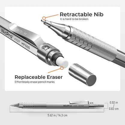 Nicpro 2 PCS Mechanical Pencil 0.5mm & 0.7 mm with Case, MP1000 Metal Artist Pencil Set with 6 Tubes HB Lead Refills, 3 Erasers, 9 Eraser Refills For Art Writing Drafting, Drawing, Sketch, Silver