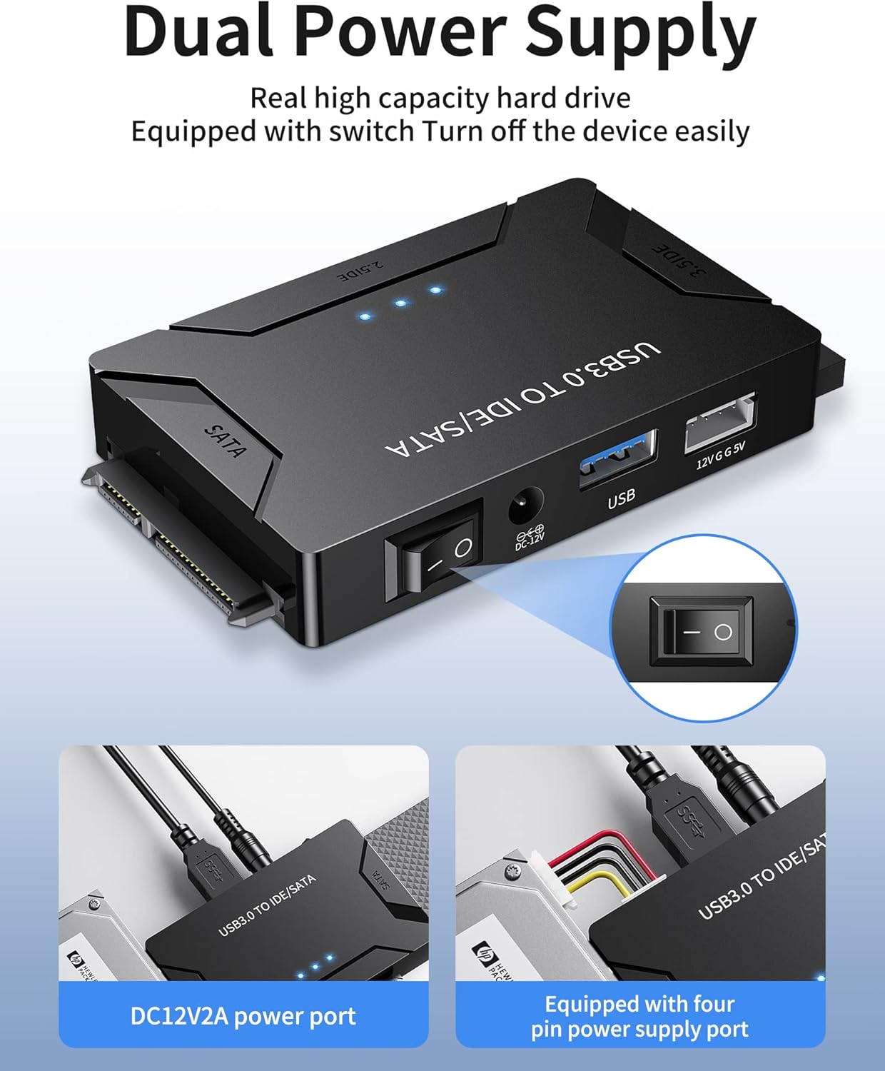 POSUGEAR USB 3.0 to IDE/SATA Adapter, External Hard Drive Reader, Universal 2.5"/3.5" HDD/SSD Converter, 12V/2A Power Adapter