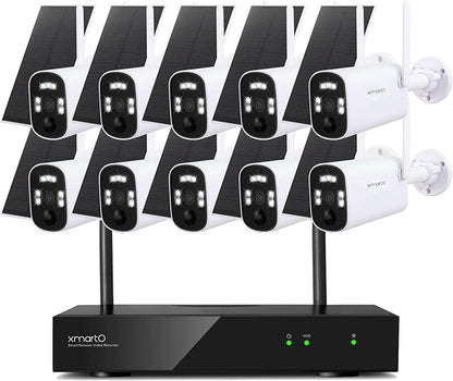 xmartO WiFi 6 Long Range Wire-Free Solar Home Security Camera System Wireless, 10-Set 4MP QHD CCTV Camera Kit with 4K 10CH Expandable WiFi NVR (Suitable for Indoors/Outdoors)