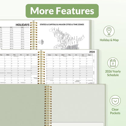 SUNEE 2026 Weekly and Monthly Planner - from January 2026 - December 2026, 6.4" x 8.3" Daily Agenda Planner with Monthly Tab, Flexible Cover, Note Pages, Pockets, Bookmark, Spiral Binding, Greenery