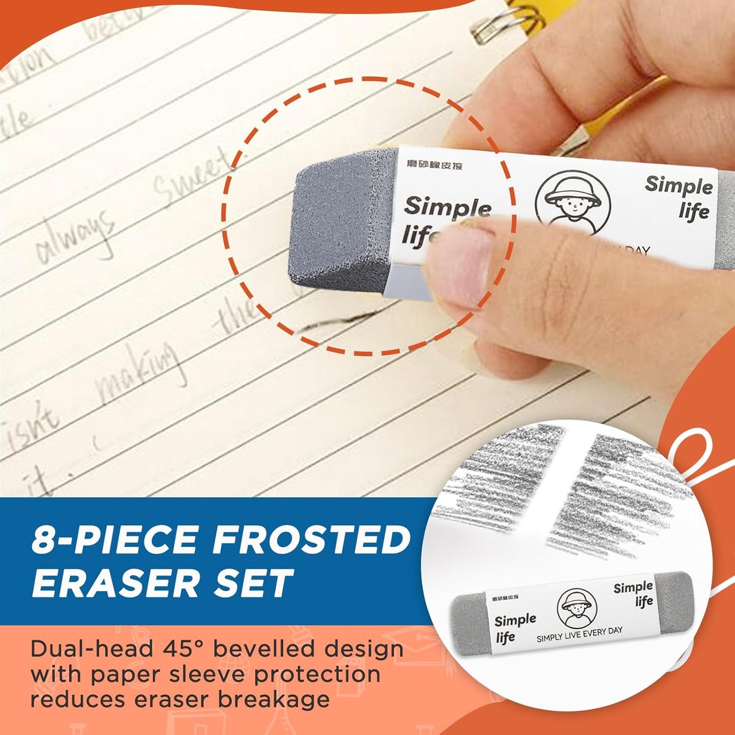 8 - Pack Sand Erasers - Frosted Erasers for Pens, Fountain Pens, and Ink - Special School and Office Supplies for Correction - Colored Pencil and Ink Eraser