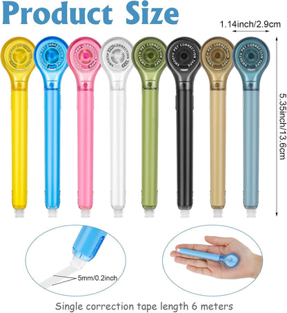 8 Pack Correction Tape Pens, 8 Color Comfortable Pen Shape Correction Pen Tape Pens Easy to Use Applicator for Instant Correction School Office Supplies, 1/5" X 236"