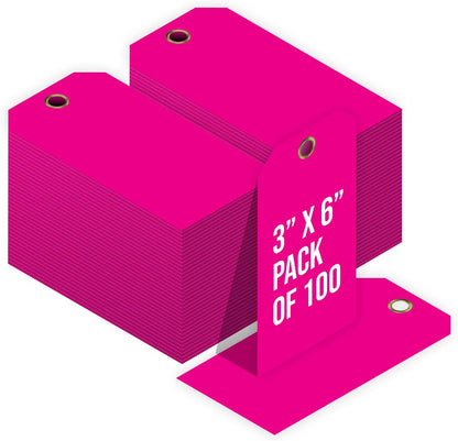 Tags 4 Less 15 Mil Waterproof Plastic Tags, Pack of 100 – 3” x 6” Heavy Duty Plastic Tags for Labeling, Outdoor Tagging, Equipment Labeling, Luggage, Valves & More (Fluorescent Pink)