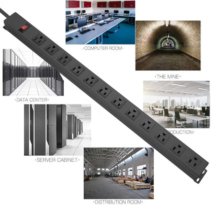 HHSOET Metal Wall Mount Power Strip, Mountable Power Outlet with 12 AC Outlets, Aluminum Alloy Mount Power Socket with Switch, 10 FT SJT 3/C 14AWG Power Cord, 15A 125V 1875W (12AC) Black