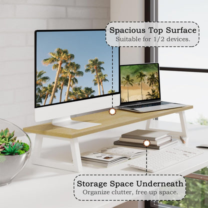 TEAMIX 31.5 inch Dual Monitor Riser - Wide TV Stand for 2 Monitors - Wood & Steel Desktop Riser for Dual Screen Office Desk Organization