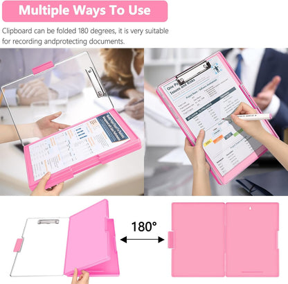Clipboard with Storage,Heavy Duty Clip Boards 8.5x11 with 2 Storage Case,Clear Visible Top Panel Storage Clipboards,Side Opening Clip Boards,Nursing Clipboard Folder Case for Office Supplies-Pink