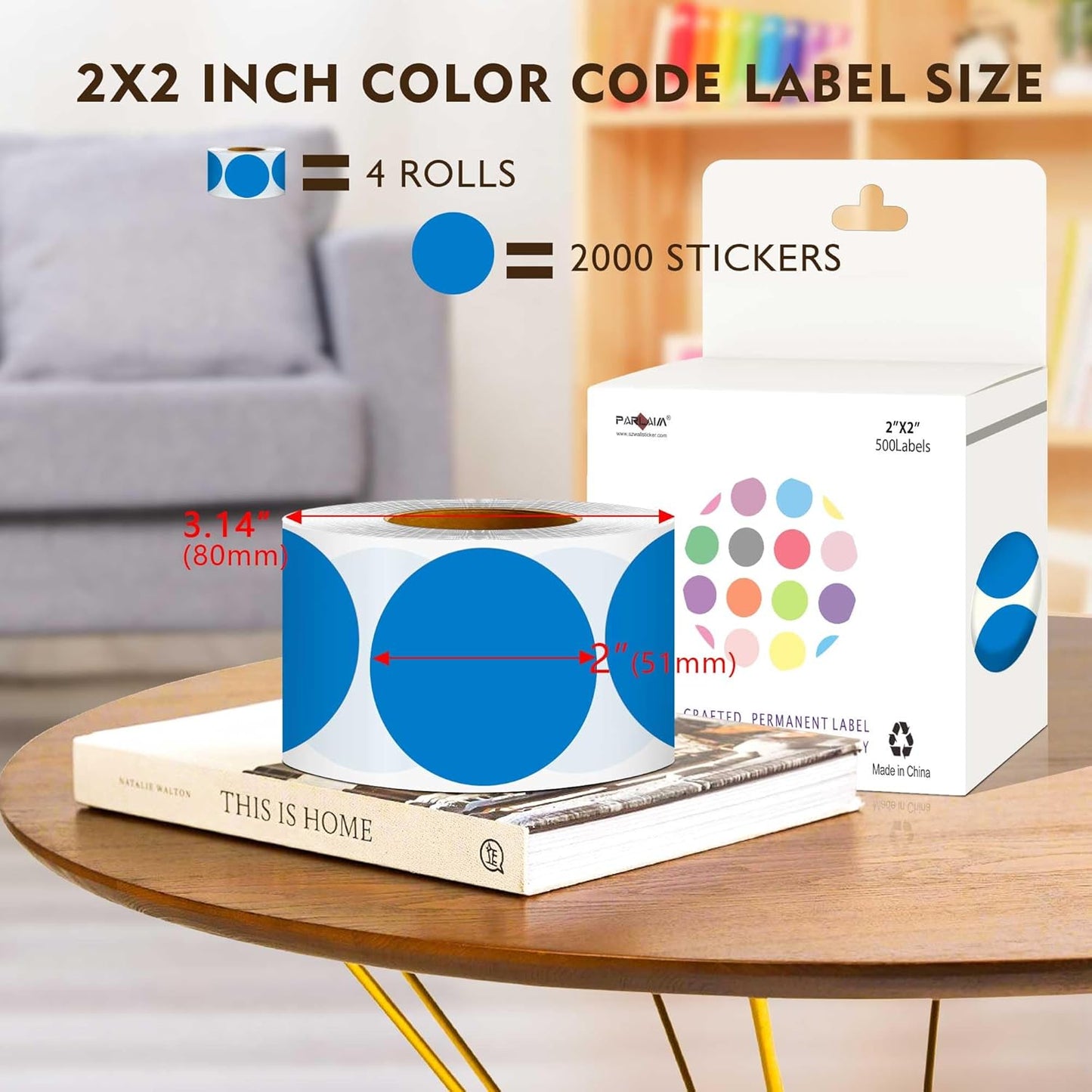 PARLAIM 2 inch Round Color-Code Dot Sticker Labels, 4 Rolls 2000 Adhesive Label Pack in Dispenser Box, Blue