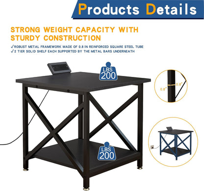 Large Printer Stand with Power Outlet, with Storage Shelf, 2 Tier Rolling Printer Cart with Industrial Wheels, 23.6 x 23.6 Inches Printer Table for Home Office,Black