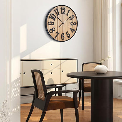 Large Wall Clock 24IN, Silent Metal Wood Style Wall Clocks Battery Operated for Living Room Decor, Farmhouse Big Wall Clock, Outdoor