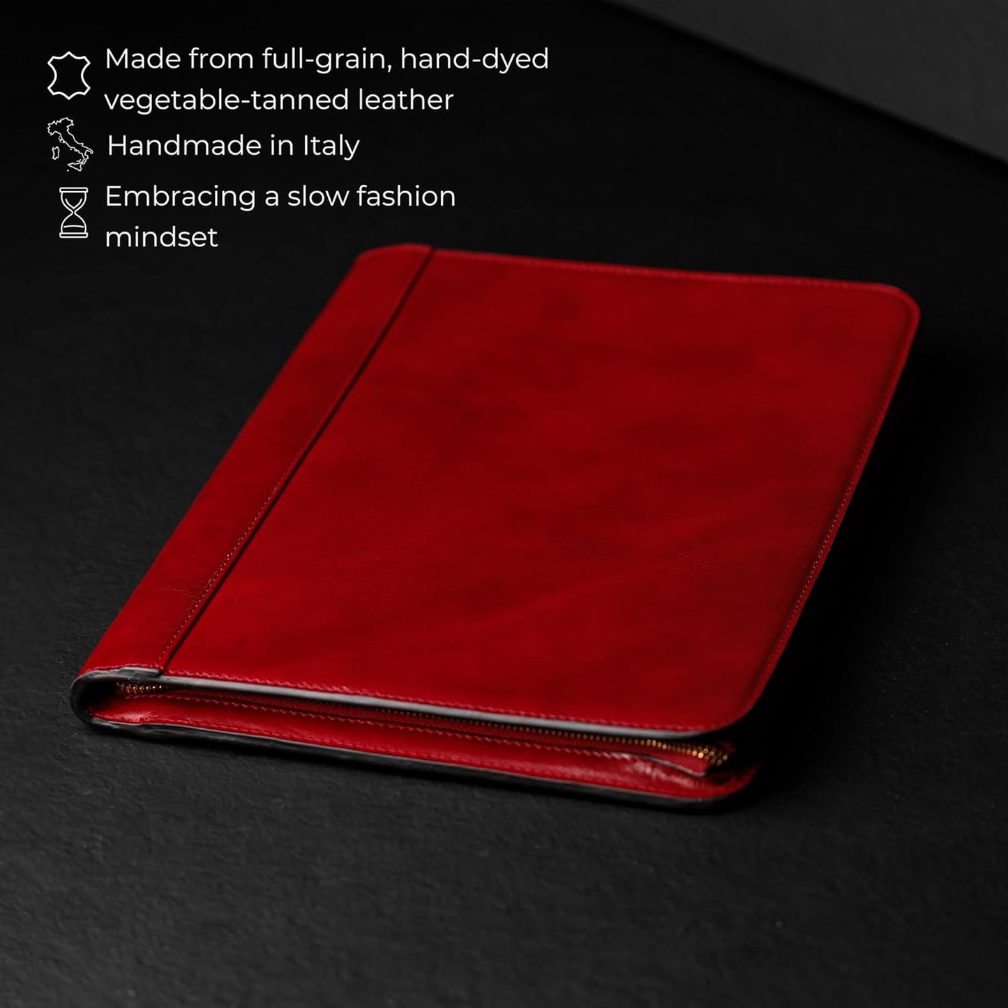 Time Resistance Leather Portfolio - A4 Document Folder - Italian Handcrafted Padfolio Organizer (Red) - Gift Box Included