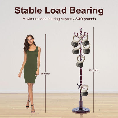 Solid Wood Coat Rack – 72" Freestanding Coat Racks Stand with 14 Hooks & Stable Base, Adjustable Height Modern Wooden Hall Tree for Entryway, Bedroom, Office, Home (Mahogany Lucky Hook)
