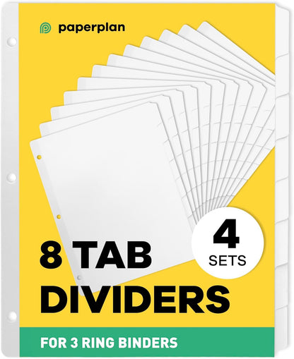 Binder Dividers with Tabs - (Set of 4) x 8-Tab Dividers for 3 Ring Binders, White, Reinforced Edge - Ideal for Keeping Your Documents Neat and Professional