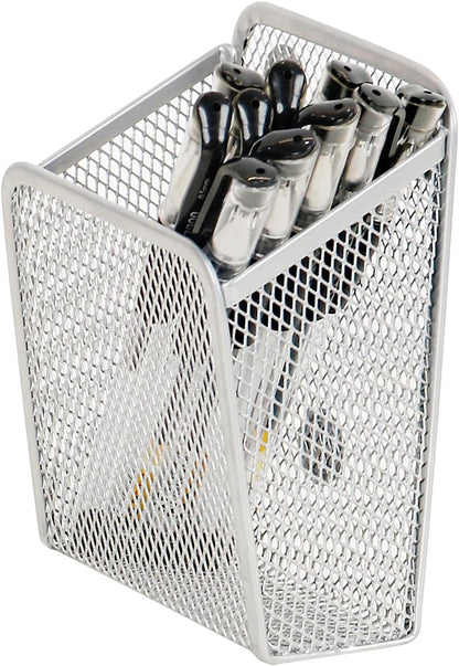 LUCYCAZ Magnetic Pen Holder - Single Magnetic Pencil Locker Holder Organizer, Silver Mesh Marker Holder Pen Basket for Whiteboard, Refrigerator and Locker