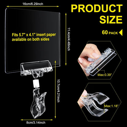 60 Pieces Rotating Clip on Sign Holder Plastic Merchandise Retail Display Sign Clip Holder with Clamp Pop Swivel Rack Card Sign Business Store Price Tags Sign Holder